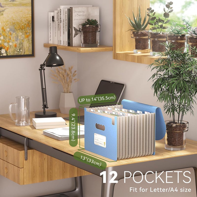 EcoStash Accordion File Organizer, 12 Pockets Wheat Straw Expanding File Folder, Portable Monthly Paper Bill Tax Receipt Organizer, Letter A4 Size Document Holder，Green Office with Colorful Tab，UN Blue - Image 2